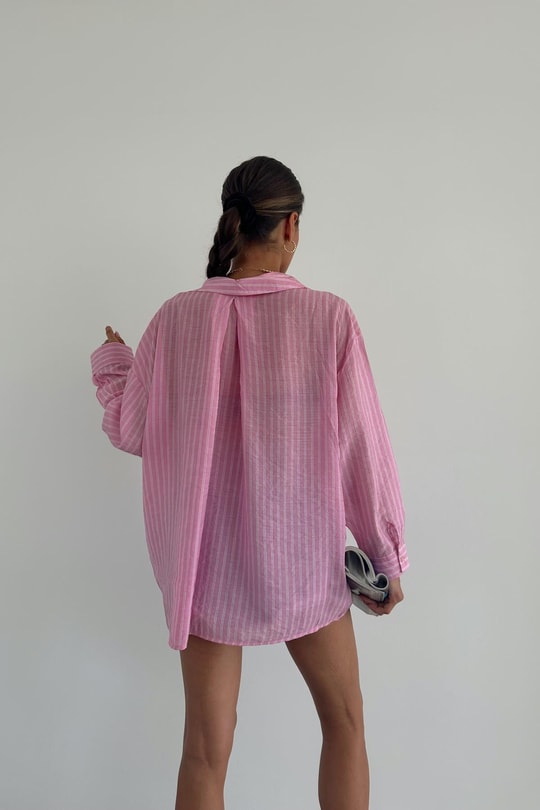 Tek Cepli Oversize Çizgili Gömlek Pembe