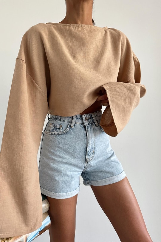 Uzun Kollu Crop Bluz Bej
