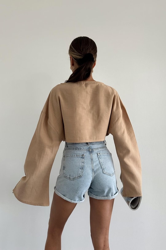 Uzun Kollu Crop Bluz Bej