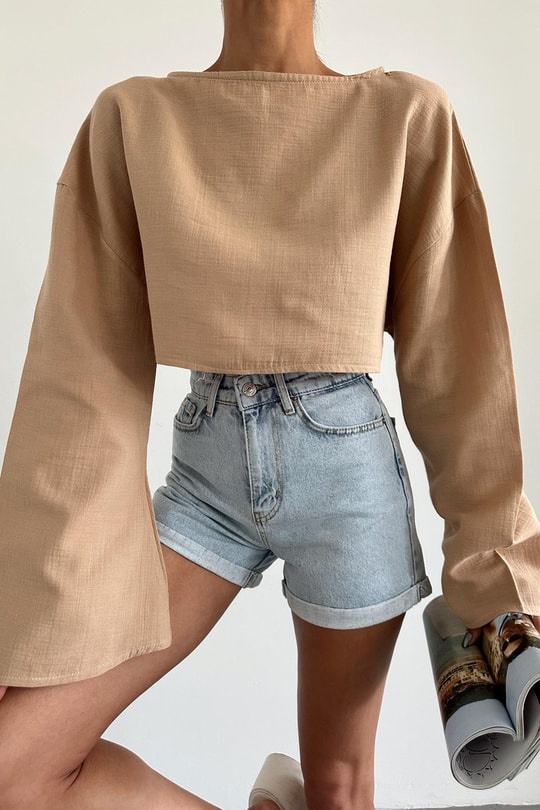 Uzun Kollu Crop Bluz Bej