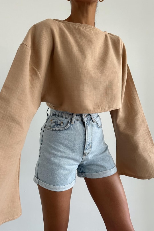 Uzun Kollu Crop Bluz Bej