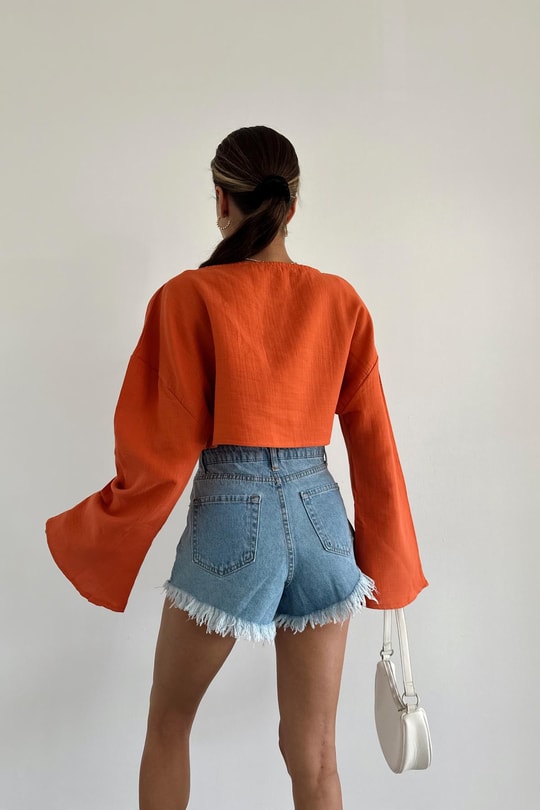 Uzun Kollu Crop Bluz Oranj