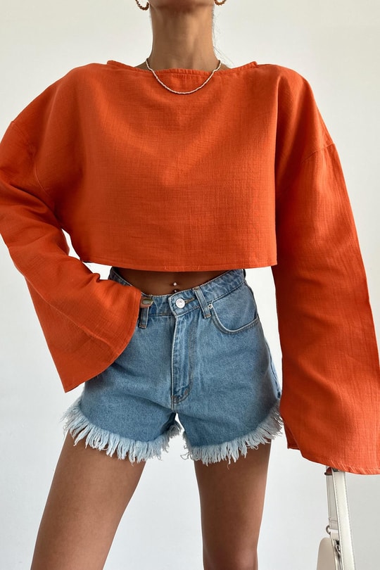 Uzun Kollu Crop Bluz Oranj