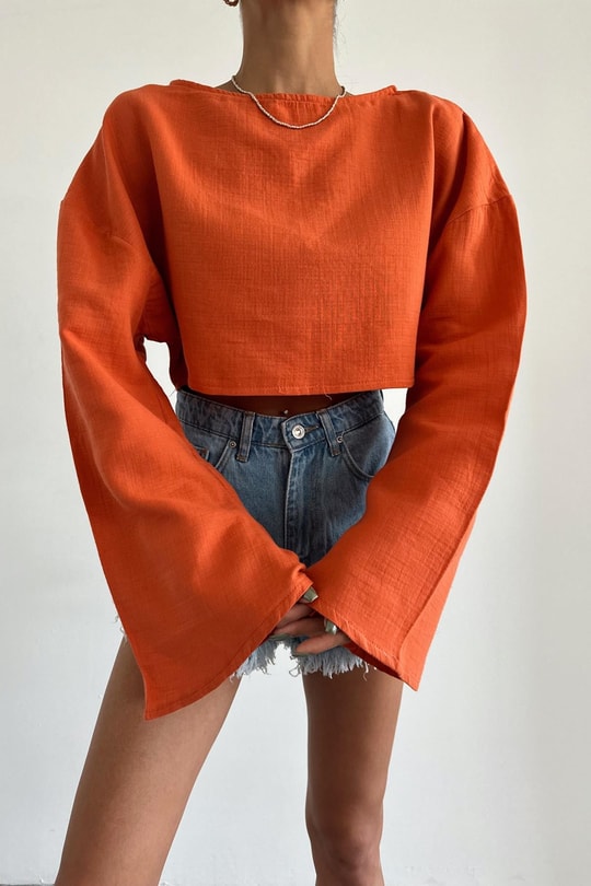 Uzun Kollu Crop Bluz Oranj