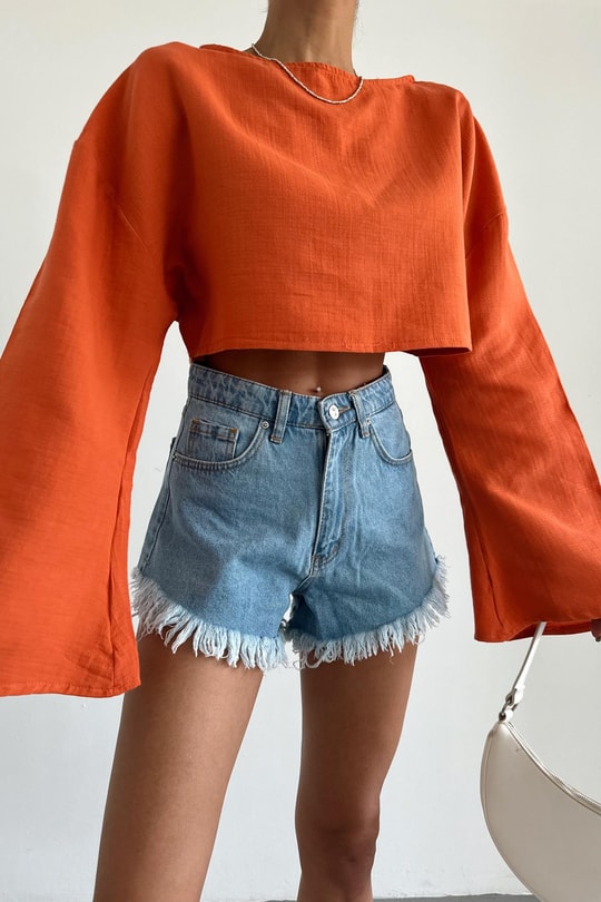 Uzun Kollu Crop Bluz Oranj