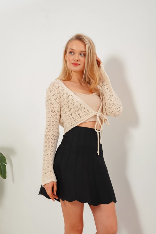 Ajurlu Crop Triko Hırka Bej