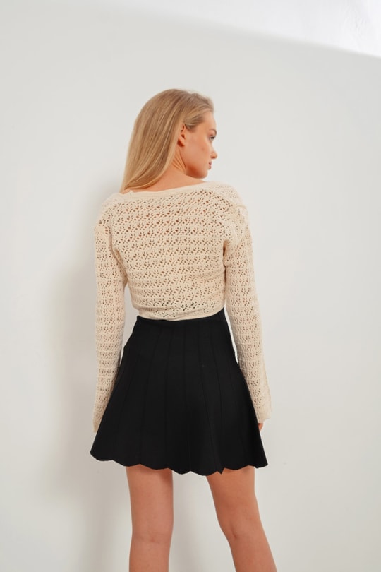 Ajurlu Crop Triko Hırka Bej