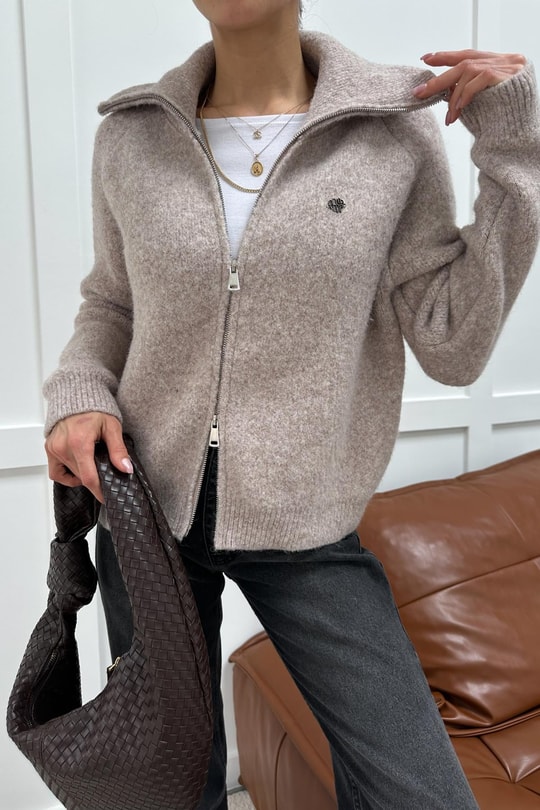 Armalı Polo Yaka Hırka Bej