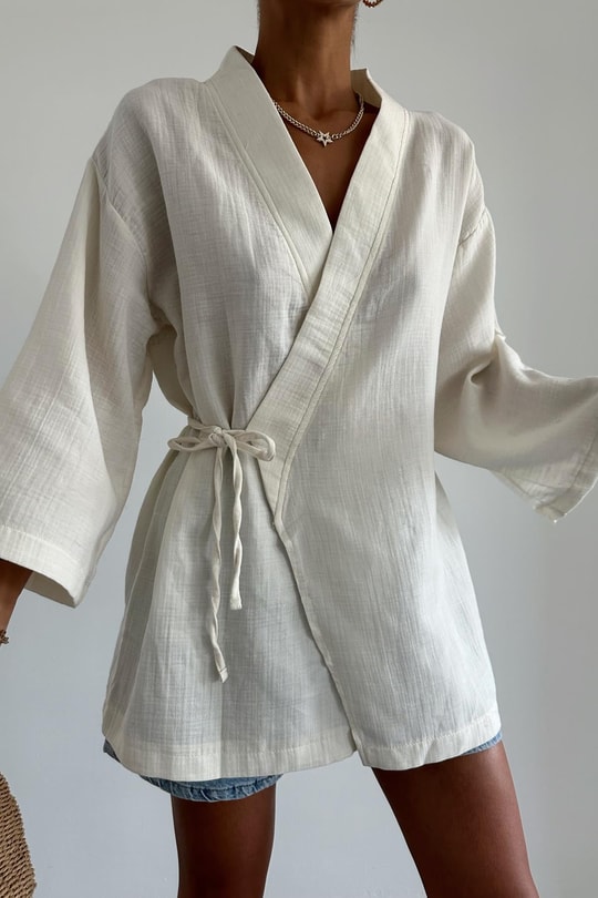 Çapraz Bağlamalı Keten Kimono Krem