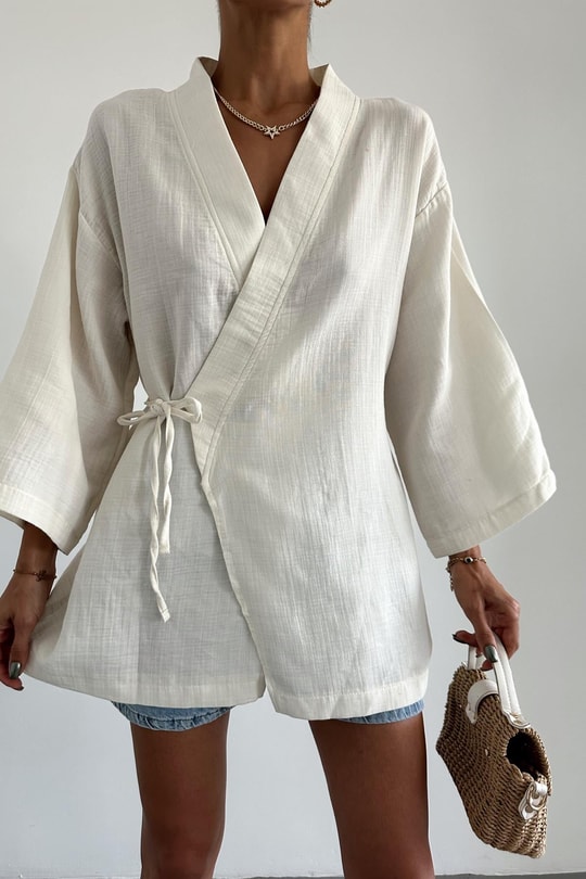 Çapraz Bağlamalı Keten Kimono Krem
