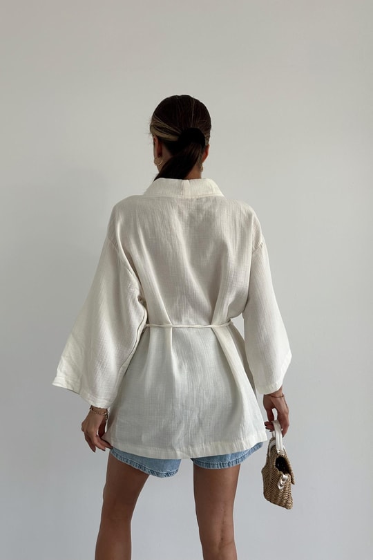 Çapraz Bağlamalı Keten Kimono Krem