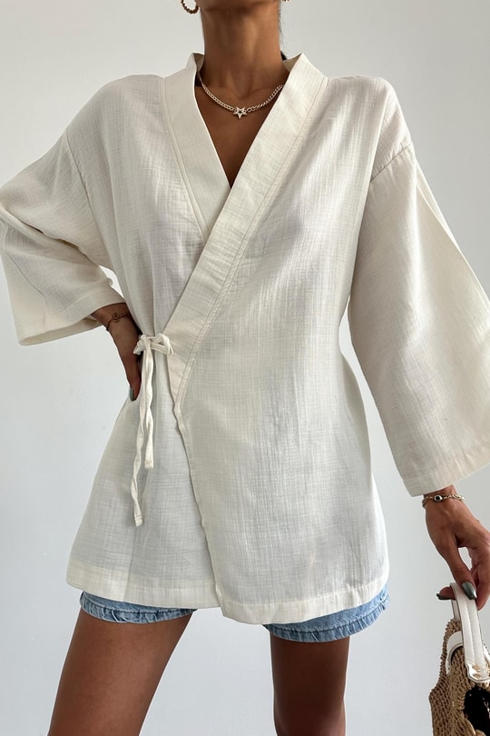 Çapraz Bağlamalı Keten Kimono Krem