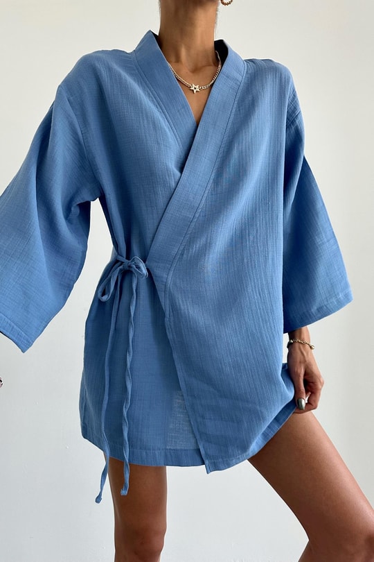 Çapraz Bağlamalı Keten Kimono Mavi