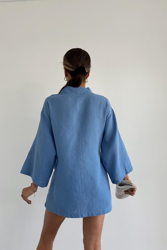 Çapraz Bağlamalı Keten Kimono Mavi