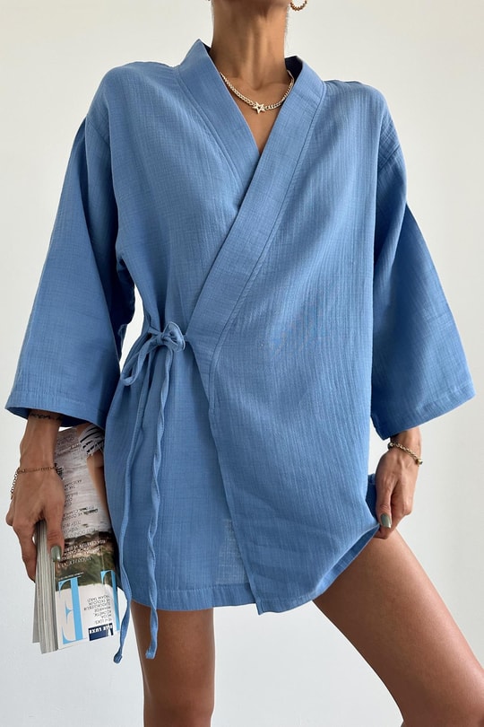 Çapraz Bağlamalı Keten Kimono Mavi