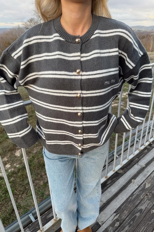 Çizgili Triko Hırka Füme