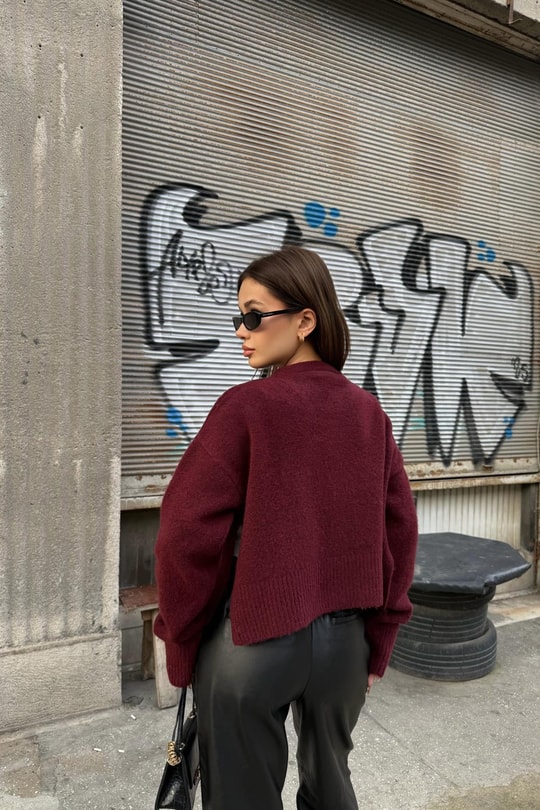 Dik Yaka Yırtmaçlı Triko Hırka Bordo
