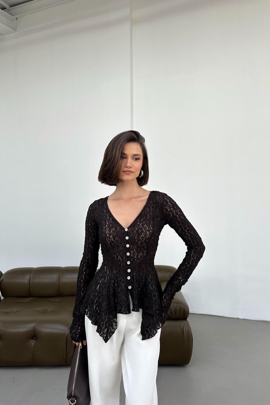Düğmeli Peplum Dantel Hırka Kahve
