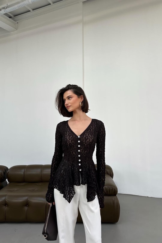 Düğmeli Peplum Dantel Hırka Kahve