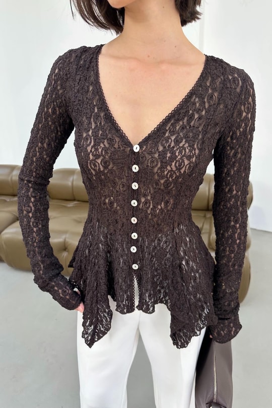 Düğmeli Peplum Dantel Hırka Kahve