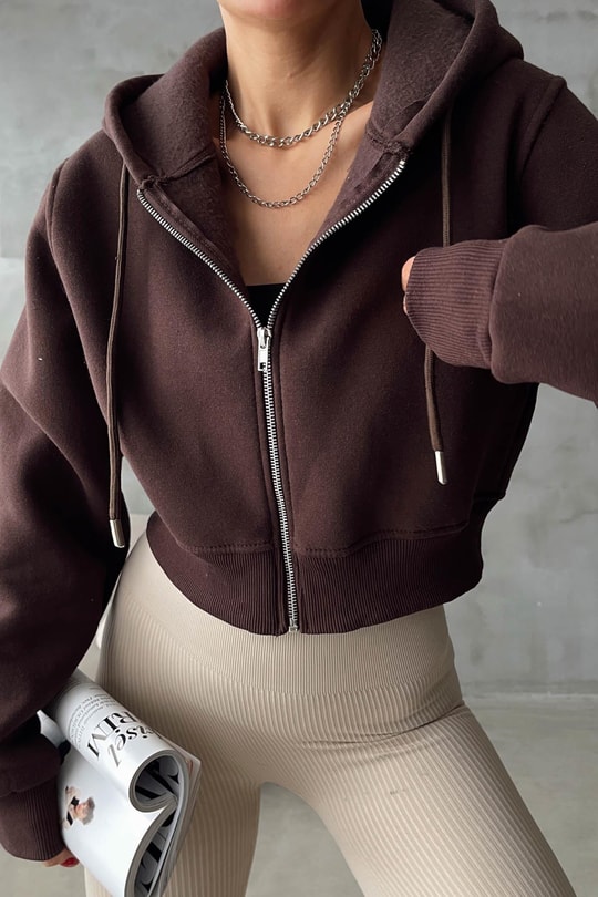 Fermuarlı Crop Hırka Kahve