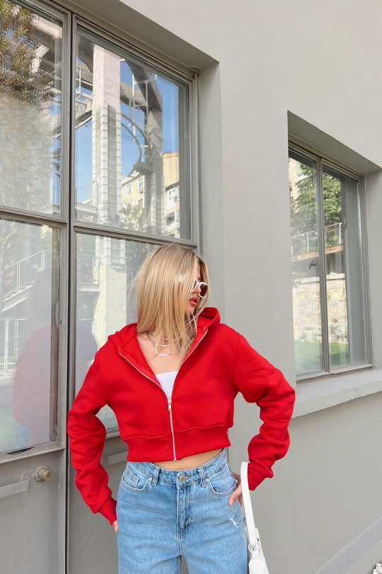 Fermuarlı Crop Hırka Kırmızı