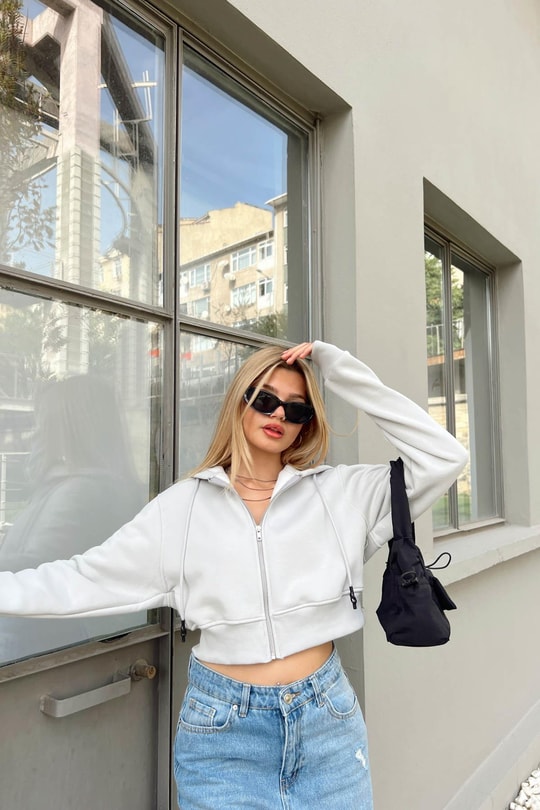 Fermuarlı Crop Hırka Koyu Gri