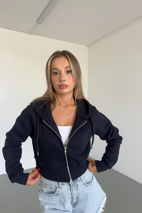 Fermuarlı Crop Hırka Lacivert