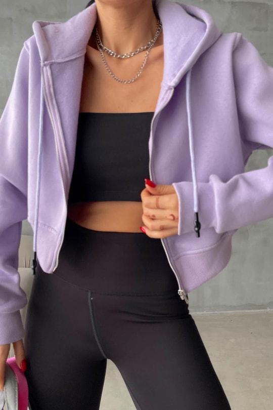 Fermuarlı Crop Hırka Lila