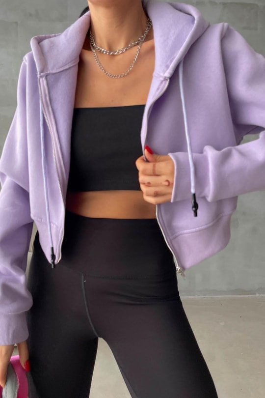 Fermuarlı Crop Hırka Lila