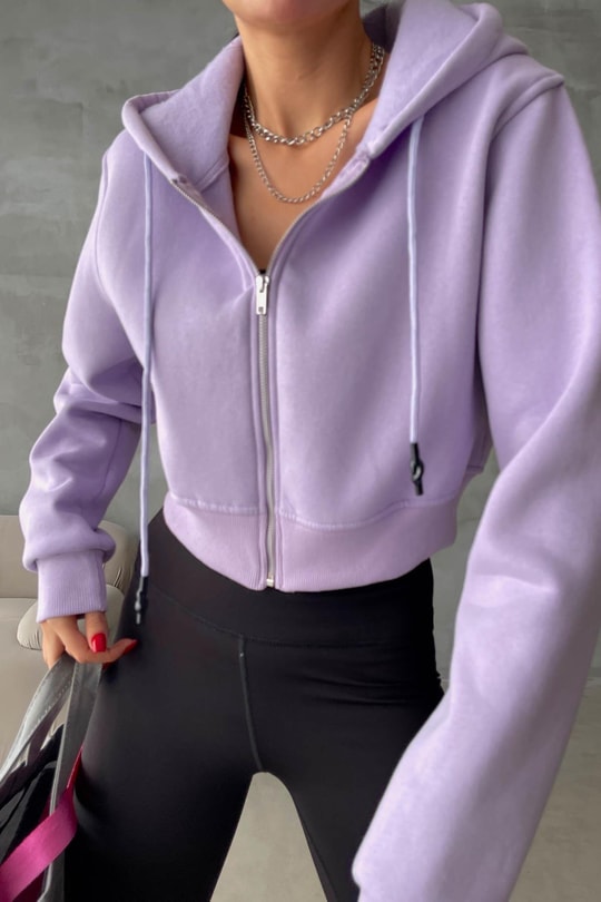 Fermuarlı Crop Hırka Lila