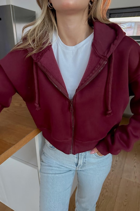 Fermuarlı Cropped Hırka Bordo