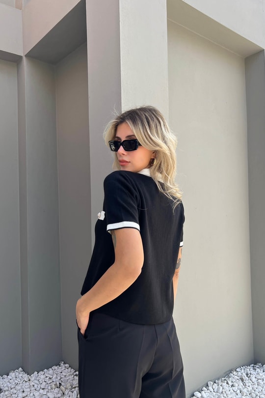 İnci DÜgme Triko Hirka Siyah