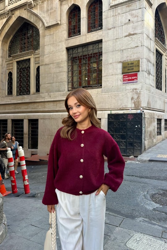 İnci Düğmeli Yumoş Hırka Bordo