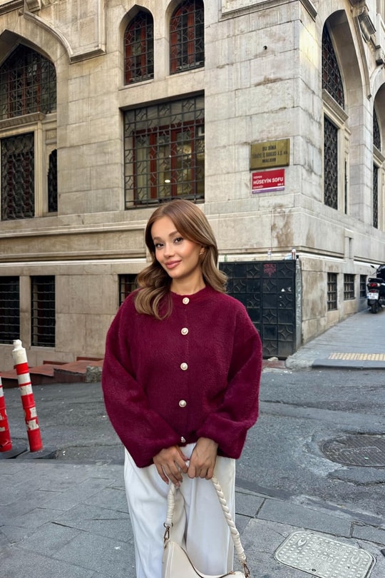 İnci Düğmeli Yumoş Hırka Bordo