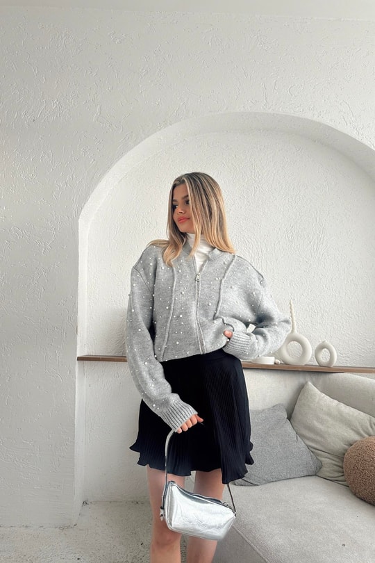 İncili Yün Bomber Hırka Gri