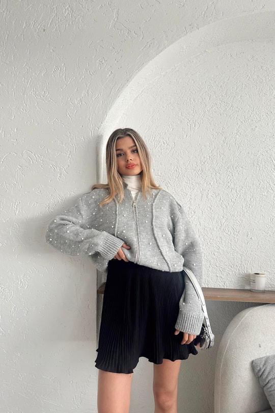 İncili Yün Bomber Hırka Gri