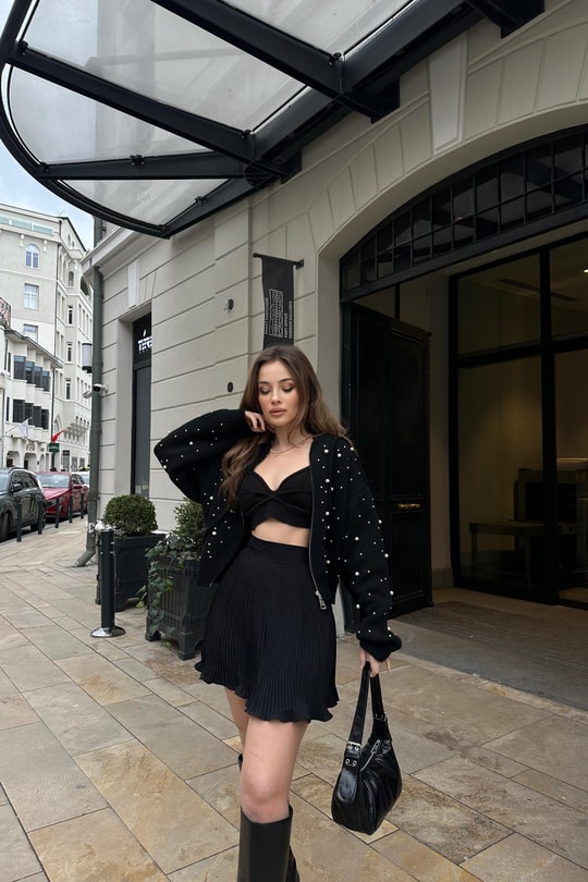 İncili Yün Bomber Hırka Siyah