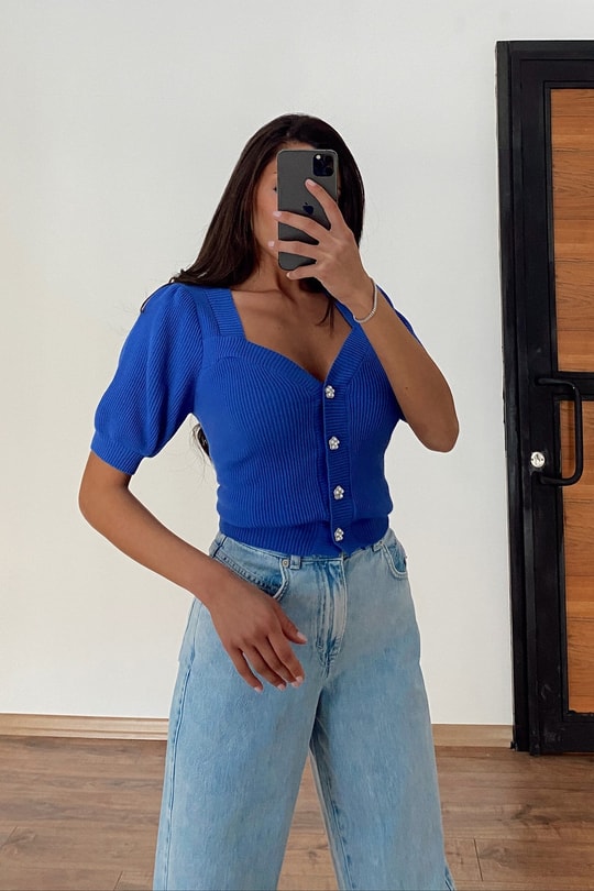 Kalp Yaka Cutest Crop Hırka İndigo
