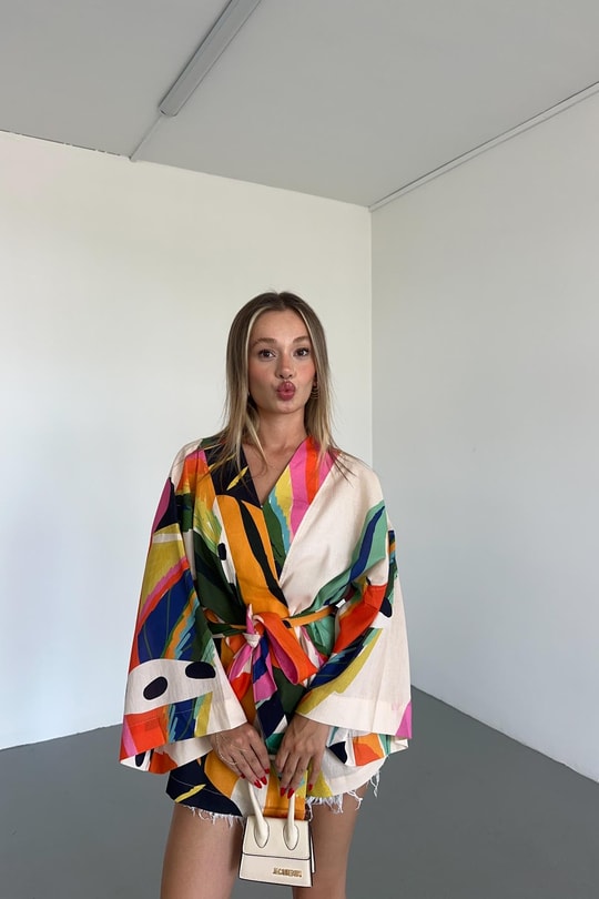 Kurdele Detay Desenli Kimono Mavi