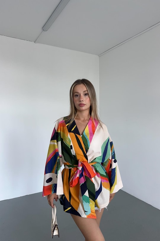 Kurdele Detay Desenli Kimono Mavi