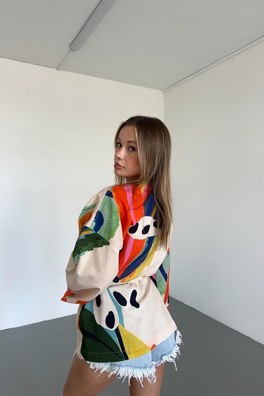 Kurdele Detay Desenli Kimono Mavi