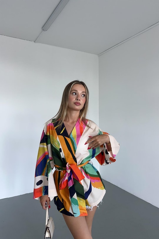 Kurdele Detay Desenli Kimono Mavi