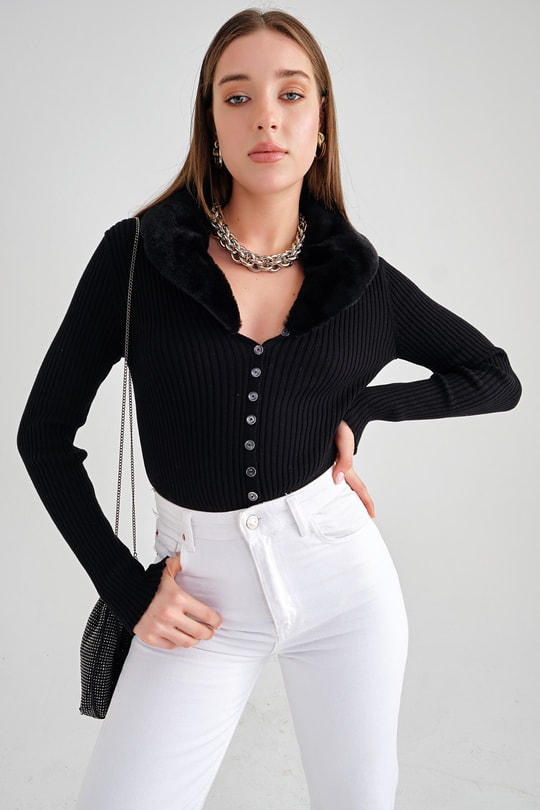 Kürk Detay Crop Hırka Siyah