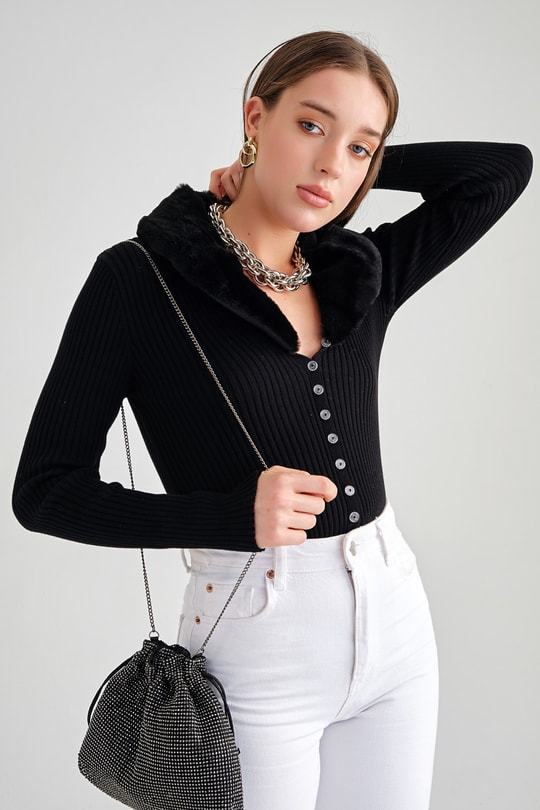 Kürk Detay Crop Hırka Siyah