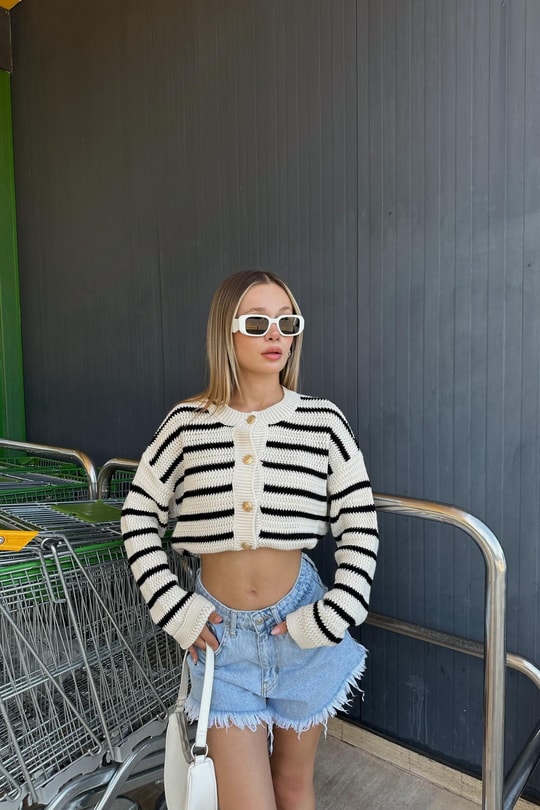 Line Gold Düğme Hırka Ekru