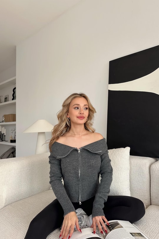 Madonna Yaka Fermuarlı Hırka Antrasit