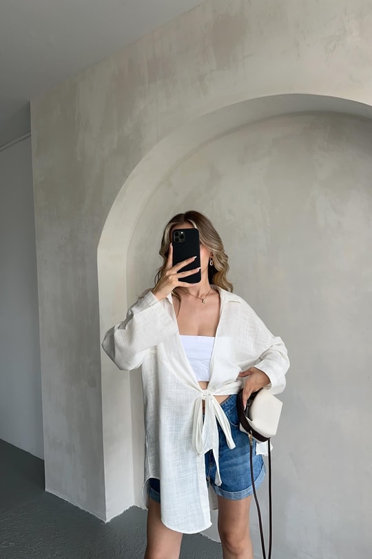 Önden Bağlamalı Keten Kimono Beyaz