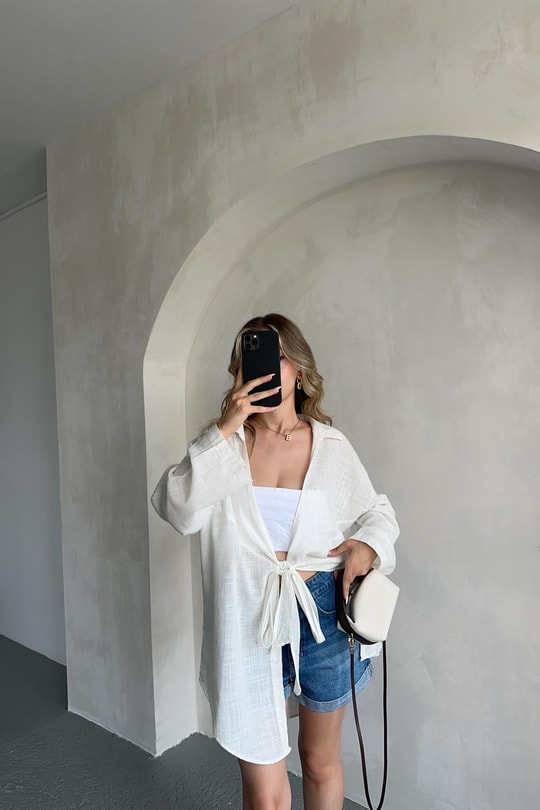 Önden Bağlamalı Keten Kimono Beyaz