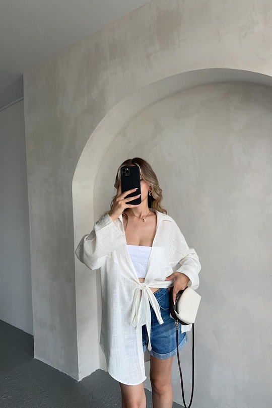 Önden Bağlamalı Keten Kimono Beyaz
